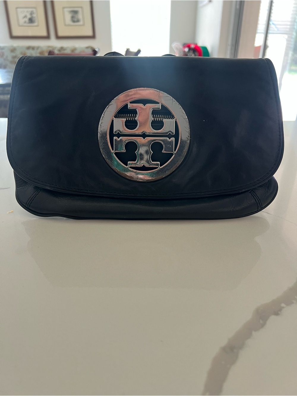 Tory Burch Oversized Reva Black Leather Foldover Clutch Large Logo Clutch